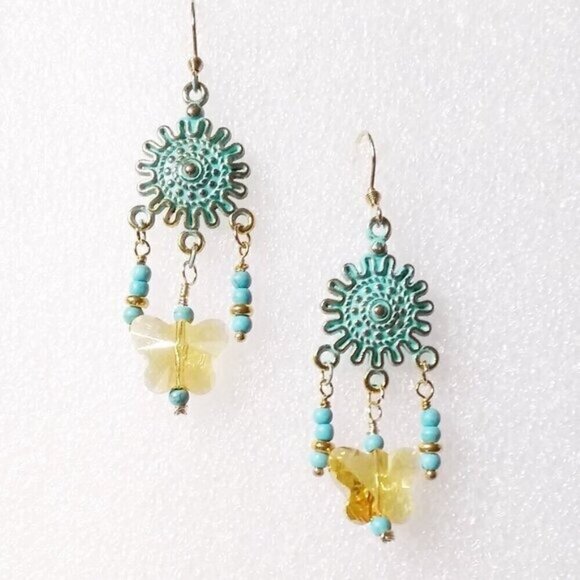 Upbeat! Boho! Playful Butterfly Chandelier Earrings! Yellow + Aqua + Turquoise - Picture 2 of 8